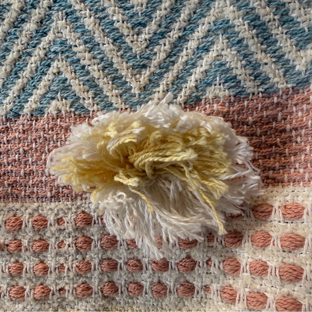 Tassel Boho Throw Blanket Cream yellow blue multi Striped 80%Cotton Indian50”x64 - Picture 6 of 10
